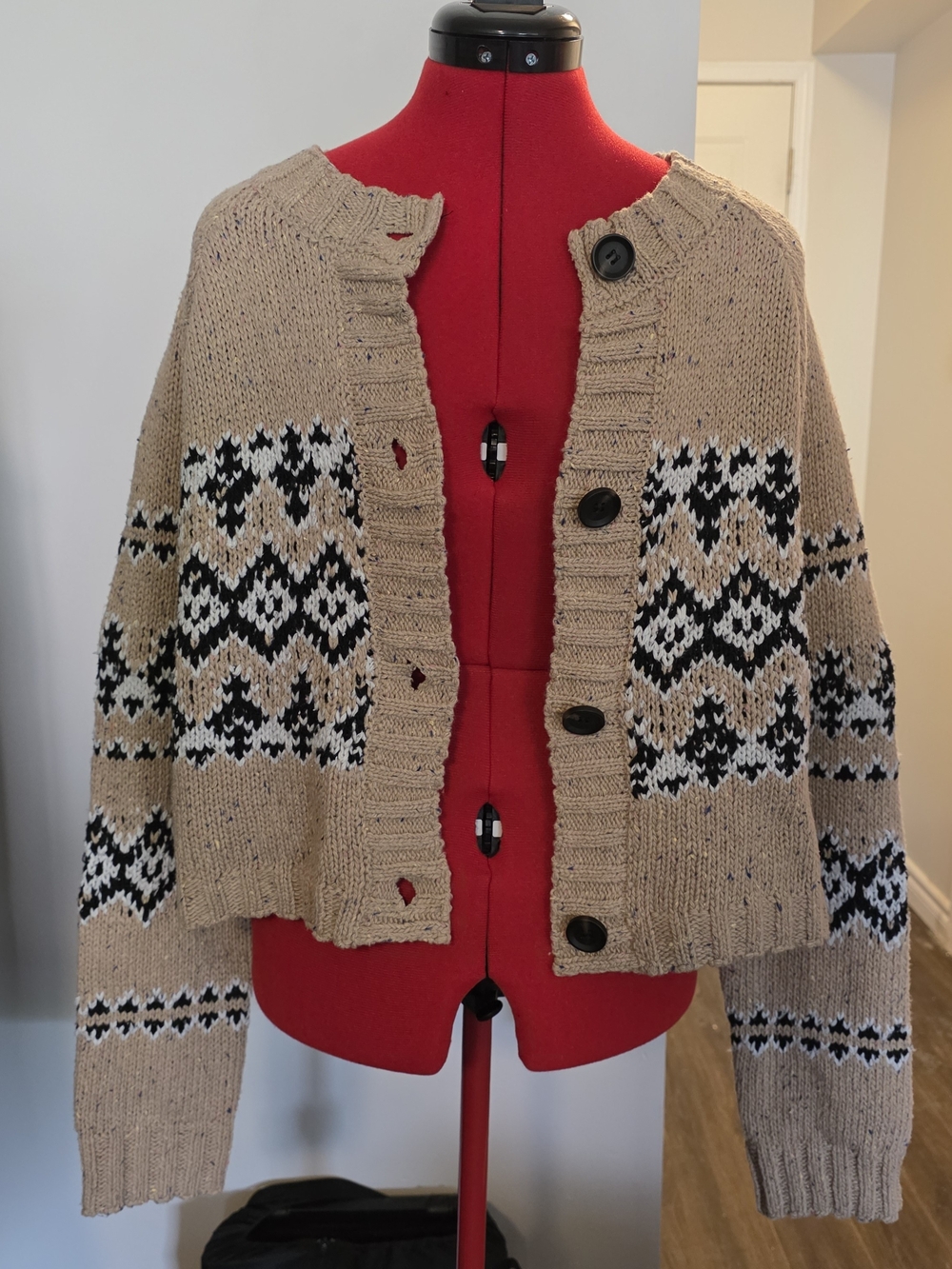 English Factory Beige, Black and White Patterned Button-Up Cardigan